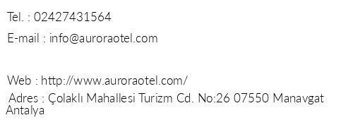Aurora Hotel telefon numaralar, faks, e-mail, posta adresi ve iletiim bilgileri